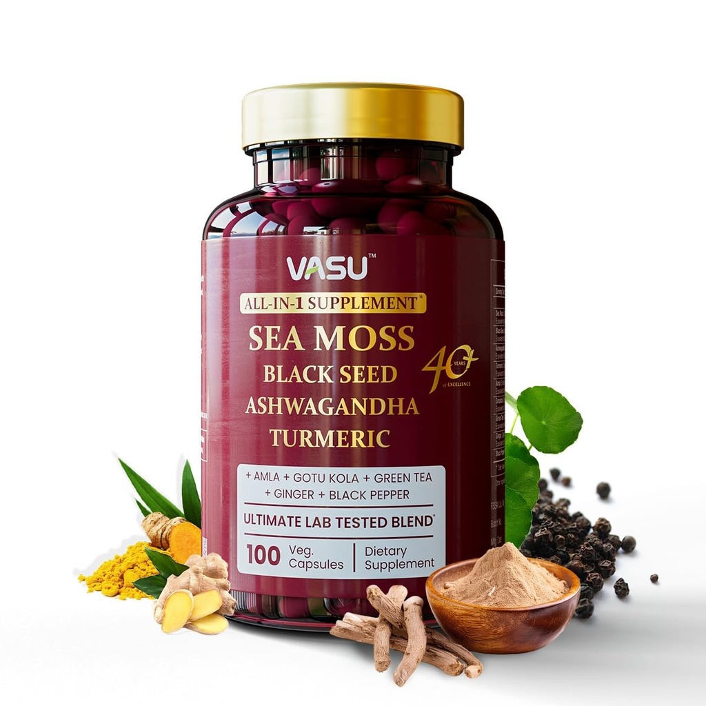 Vasu Sea Moss Capsules - 100 Count - Sea Moss Black Seed Oil Ashwagandha Ginger, Irish Sea Moss Capsules for Stamina, Strength, Endurance - Sea Moss Pills for Men & Women