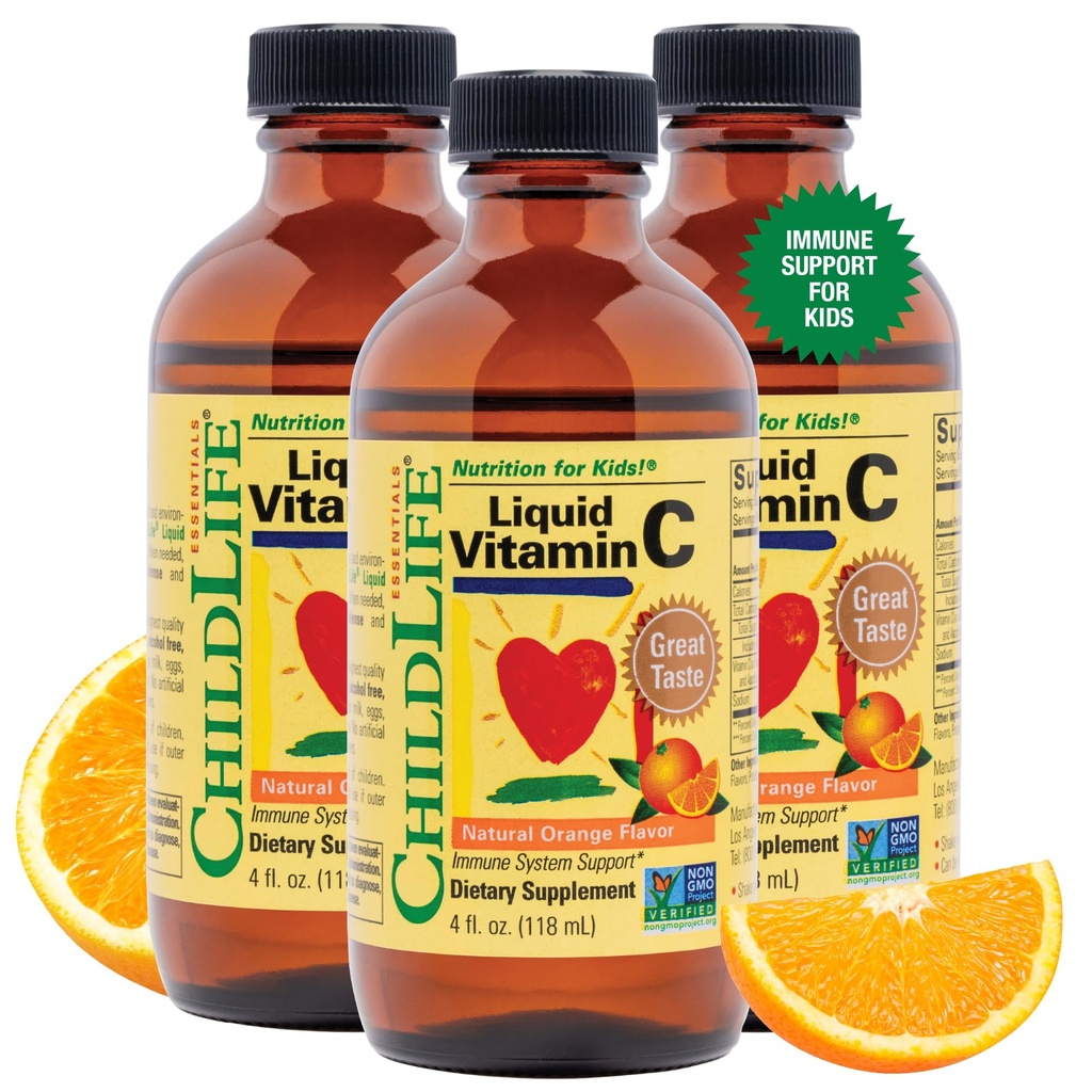CHINDLIFE ESCENTIALS Liquid Witamina C - Czysty suplement płynny witaminy C dla dzieci, Wsparcie układu immunologicznego, Wielki smak - Naturalny aromat pomarańczowy, 4 Fl Oz (Opakowanie po 3)