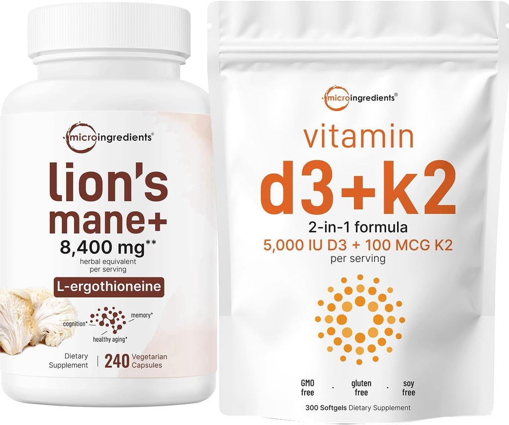 Micro Ingredients Witamina D3 5,000iu + K2 100mcg Softgels & Lions Mane Supplement 240 Veggie Capsules Bundle 2 Pack Agregable 124; Esential Sunshine Vitamin Agregates 124; Superfood Mushroom Antioksydants with L- Ergotioneine