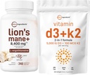 Micro Ingredients Witamina D3 5,000iu + K2 100mcg Softgels & Lions Mane Supplement 240 Veggie Capsules Bundle 2 Pack Agregable 124; Esential Sunshine Vitamin Agregates 124; Superfood Mushroom Antioksydants with L- Ergotioneine