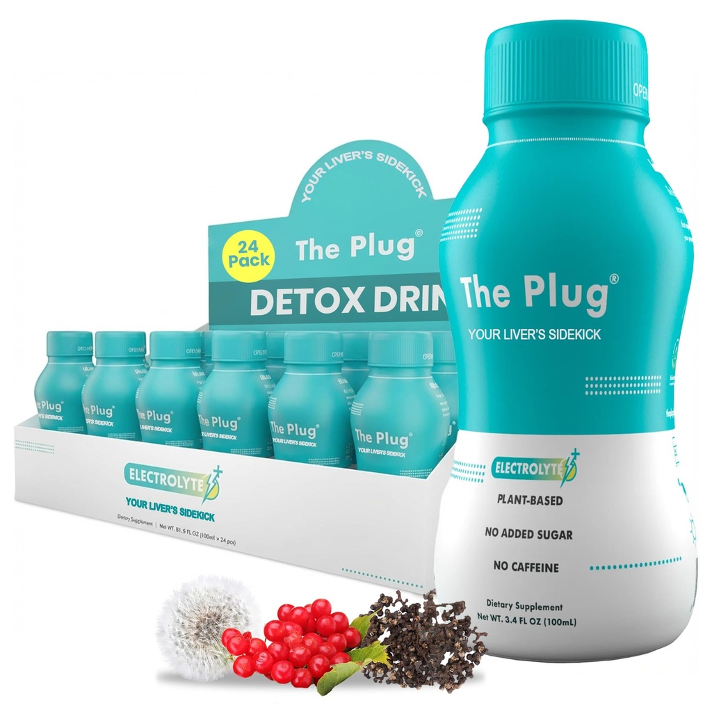 Plug Liver Cleanse Detox & Napoje naprawcze - Napoje roślinne elektrolity roślinne dla wsparcia i zdrowia wątroby, Bloating Relief, Przywracanie przeciwutleniaczy i minerałów 124; Napoje energetyczne złożone wątroby (24- Pack)