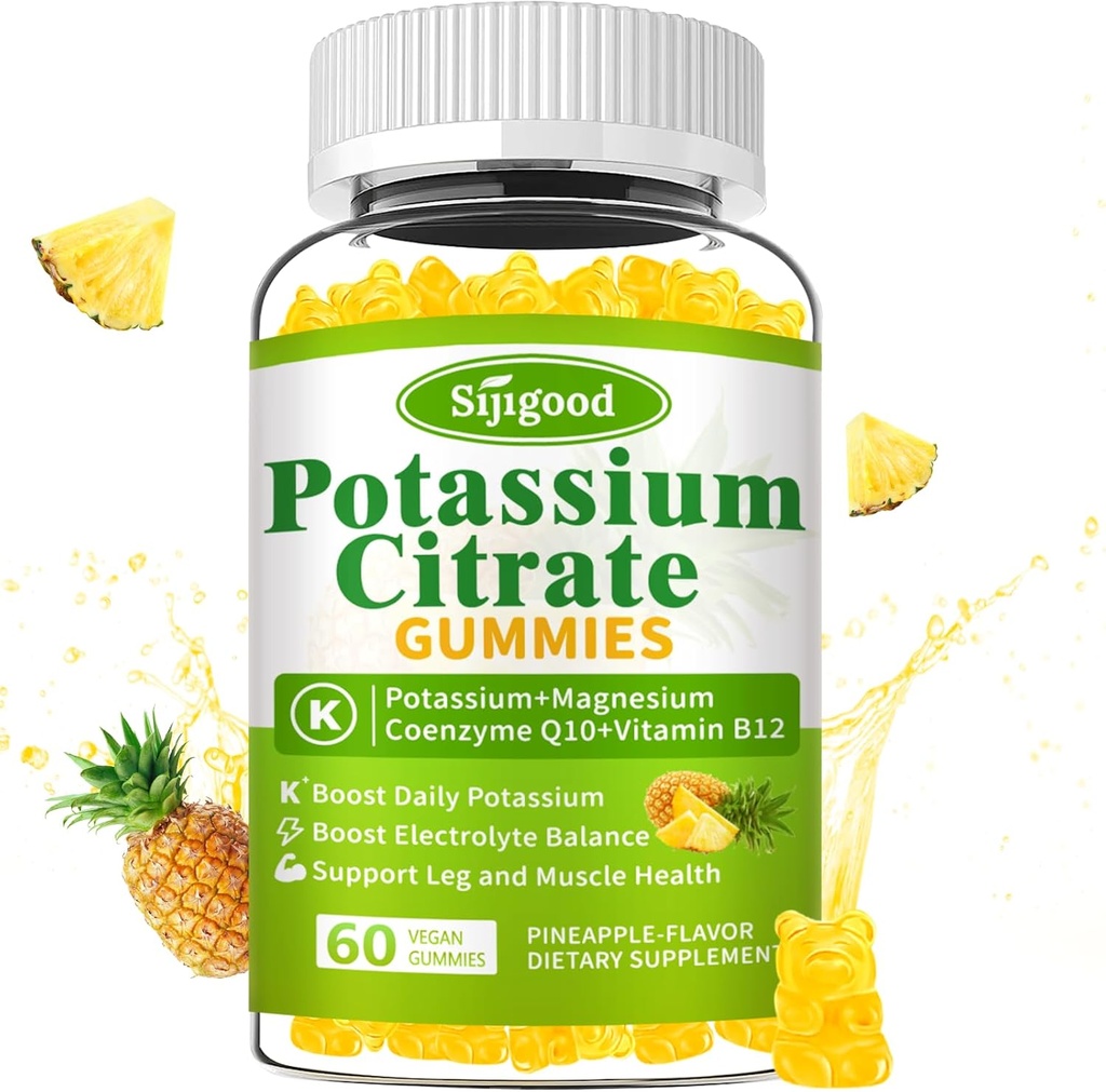 Gummeje z cytrynianu potasu - Wysoka moc suplement potasu dla zdrowia mięśni, leg Cramp Relief, równowagi elektrolitowej - Wegan, Non-GMO, Gluteny-Free, Aromat ananasowy, 60 Count