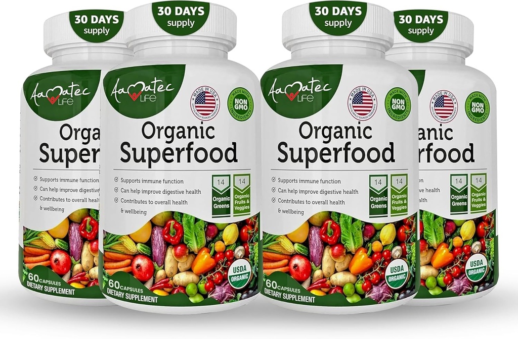 Organic Superfood Greens Fruits and Vegegies Complex - Najlepszy suplement diety z 14 Zielonych i 14 Owoce i warzywa z Alfa & Przeciwutleniacz Składniki organiczne Non-GMO 240 Kapsułki