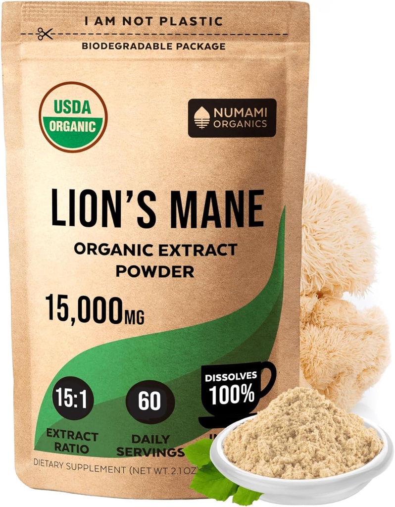 Numami Organic Lions Mane Mushroom Extract Proszek 124; Podwójne ekstrakcja dla wysokiej mocy 124; Łatwo rozpuszcza się w codziennej kawy herbaty lub Smoothie do poprawy funkcji poznawczych