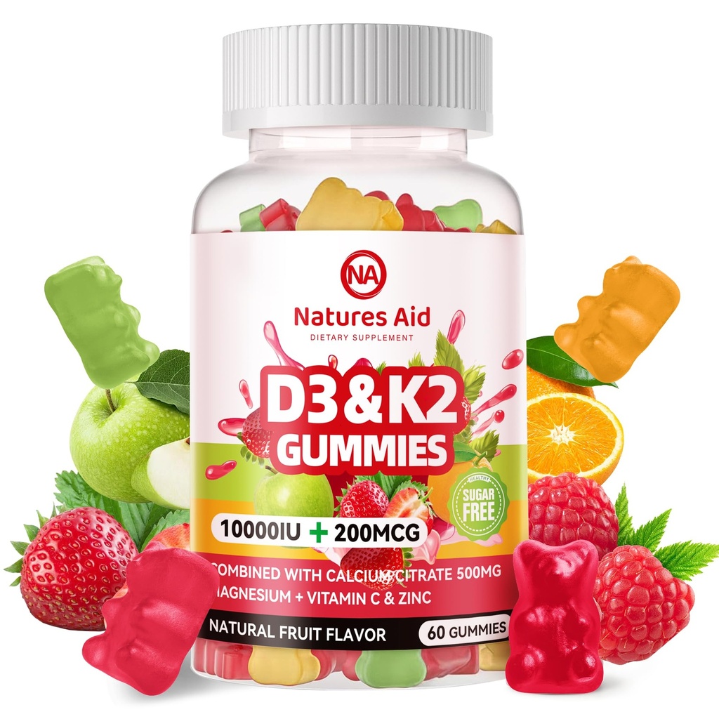 Natury Pomoc Bez cukrów Witamina D3 K2 Gumiaki z wapniem + K2 (MK- 7), Cytrynian magnezu, Witamina C, Dodatkowa siła - Ostateczna Absorpcja dla tkanki kostnej Zęby immunologiczne, Wegan - 60 Gumiami