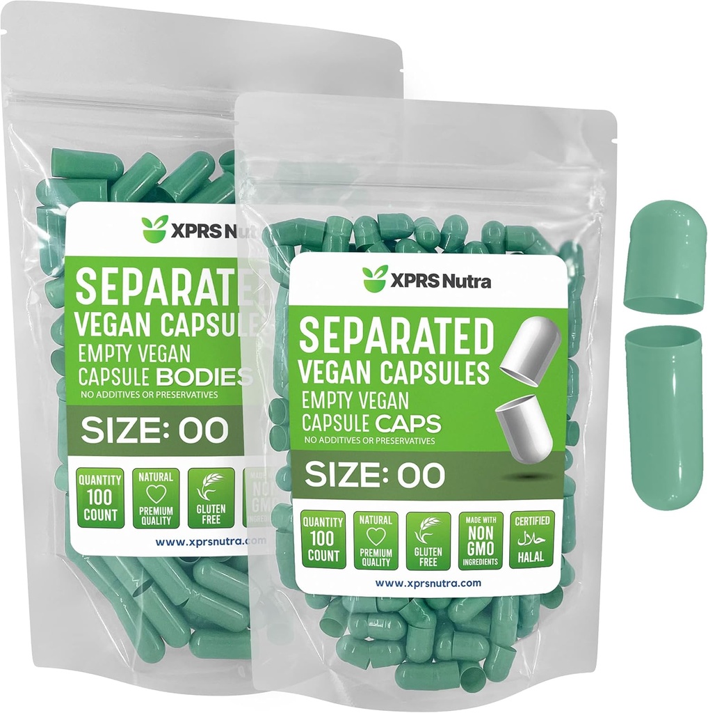 XPRS Nutra Vegan Rozmiar 00 Kapsułki rozdzielone - 100 Licz Premium Kapsułki puste Rozdzielone w Torbach - 00 Pigułki Puste do napełniania suplementu DIY (Sage Green)