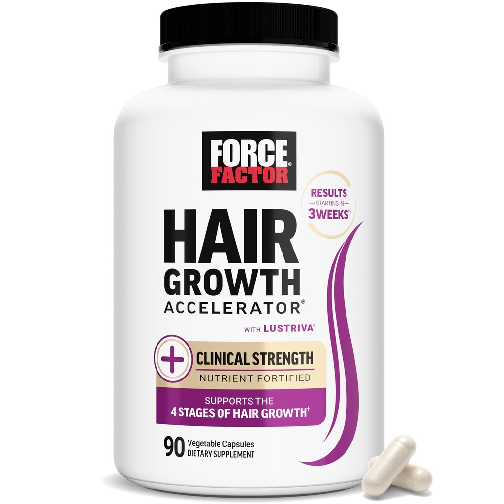 FORCE FACTOR Akcelerator wzrostu włosów Multivitamin dla kobiet i mężczyzn, z Lestriva, Biotin, Horsetail & Vitamin A, B12, C, D & E dla grubszych włosów, Zdrowie skóry i paznokci, 90 Kapsułki