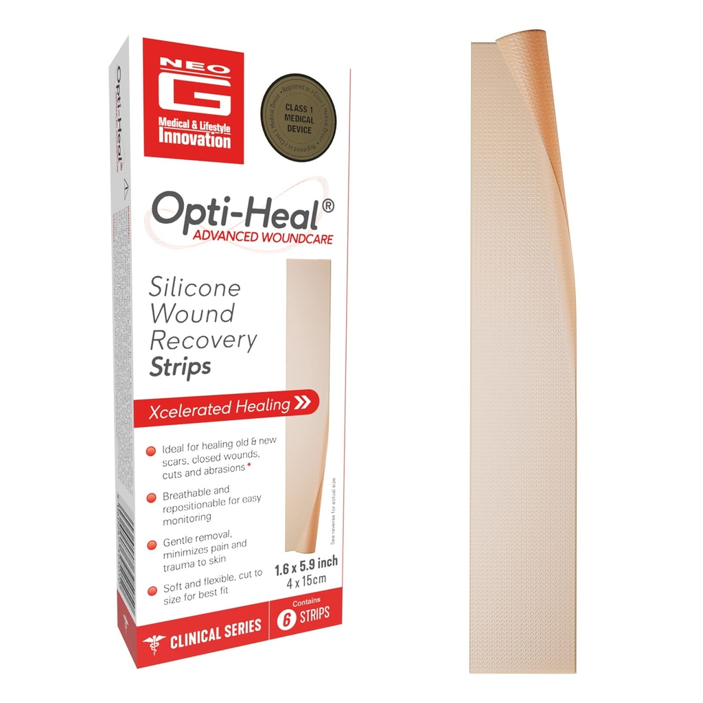 Neo G Opti-Heal Wound Recovery Silicone Scar Strips for Surgical Scars, C Section, Burn, Acne, Keloid Treatment - Medical Silicone Scar Sheets - New and Old Scar Treatment - 1.6 x 5.9 inch - 6 Strips
