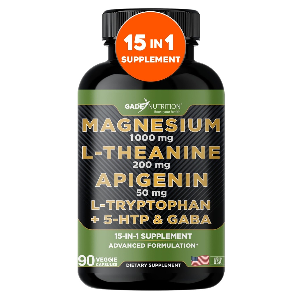 Gade Nutrition Magnezu Glycinate & Magneisum Suplementy z Apigenin, L Theanine 200 mg, 5 HTP, GABA Calm Brain Booster Supplement Sleep Aid Ashwagandha L Tryptofan Rumomile