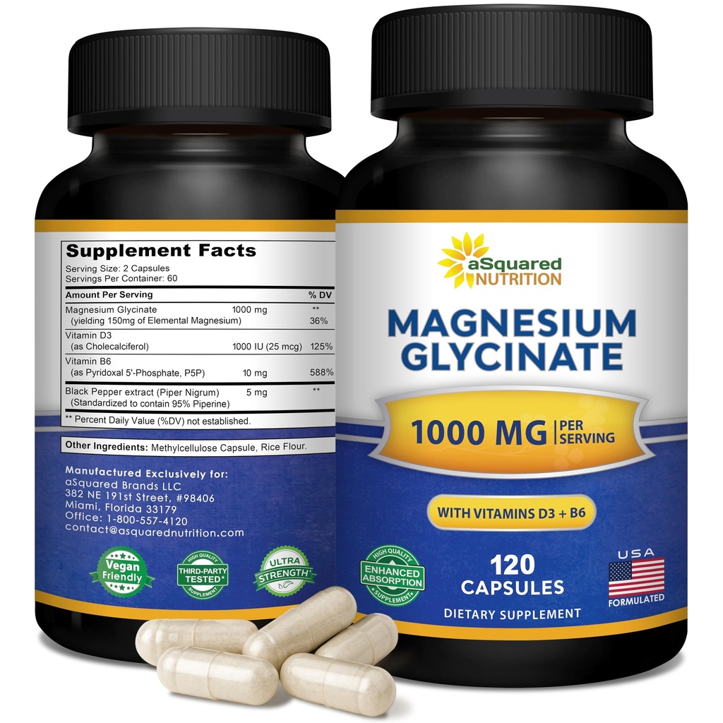 Magnezu Glicynian 1000mg z witaminą D3 i B6- 500mg na kapsułkę - Kompleks Pure Elemental Mag Supplement for Sleep, Muscle, Bone Health - Zastąp gumki, tabletki i proszek - 120 Kapsułki