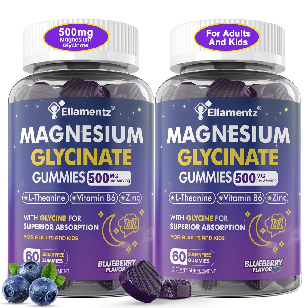 Glucynian magnezu Gummies 500mg / 250mg dla dorosłych Młodzież, Bezcukrowy Magnezu Spokojny Sen Pomoc, Dzieci Sen Gummeje z L- Theanine Glicine B6 dla snu, Spokój, Mięśnie, Rozluźnienie mózgu, Nie Melatonina, 2Pack