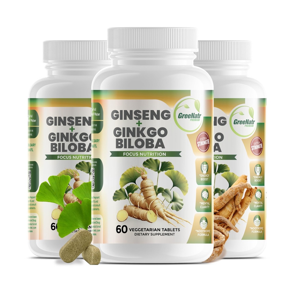 GreeNatr Ginko Biloba & Panax Ginseng Supplement - Red Ginseng Brain Supplement for Memory and Focus - Ginkgo Biloba Supplements for Good Vision, Immune System and Improved Blood Flow - 3 butelki