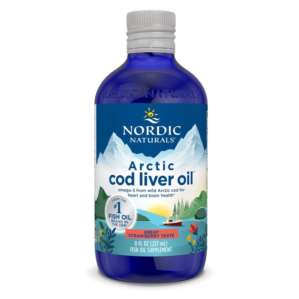 Nordic Naturals Arctic Cod Liver Oil, Strawberry - 8 oz - 1060 mg Total Omega- 3 z EPA & DHA - Heart & Brain Health, Healthy Immunitet, Ogólny Wellness - Non-GMO - 48 Służenie