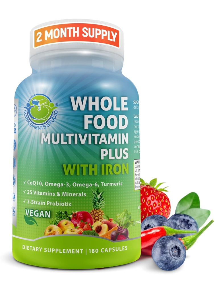 Vegan Whole Food Daily Multivitamin z żelaza, Metylowane Multivitamin dla kobiet i mężczyzn, Made with Fruits & Vegetables, B- Complex, Probiotyki, Enzymy, CoQ10, Omegas, Turmeric, Non-GMO, 180 Hr