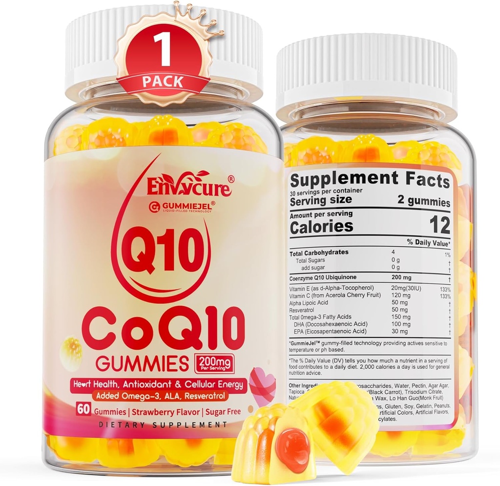 Sugar Free CoQ10 200mg Filled Gummies, 5X Better Absorption CoQ10 w / Resveratrol, Alpha Lipoic Acid, Omega-3, Witamina E, C, Koenzym Q10 for Cellular Energy, Heart, Brain, and Antioksydant (1Pack)