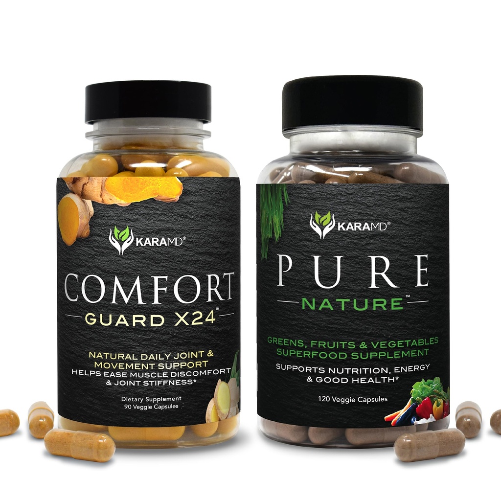 KaraMD Pure Nature & Comfort Guard Bundle 124; Zielone całe jedzenie, Owoce i warzywa Suplement + Wsparcie ruchu 124; Non-GMO, Wegan, Gluten- Free (30 Służb każdy)