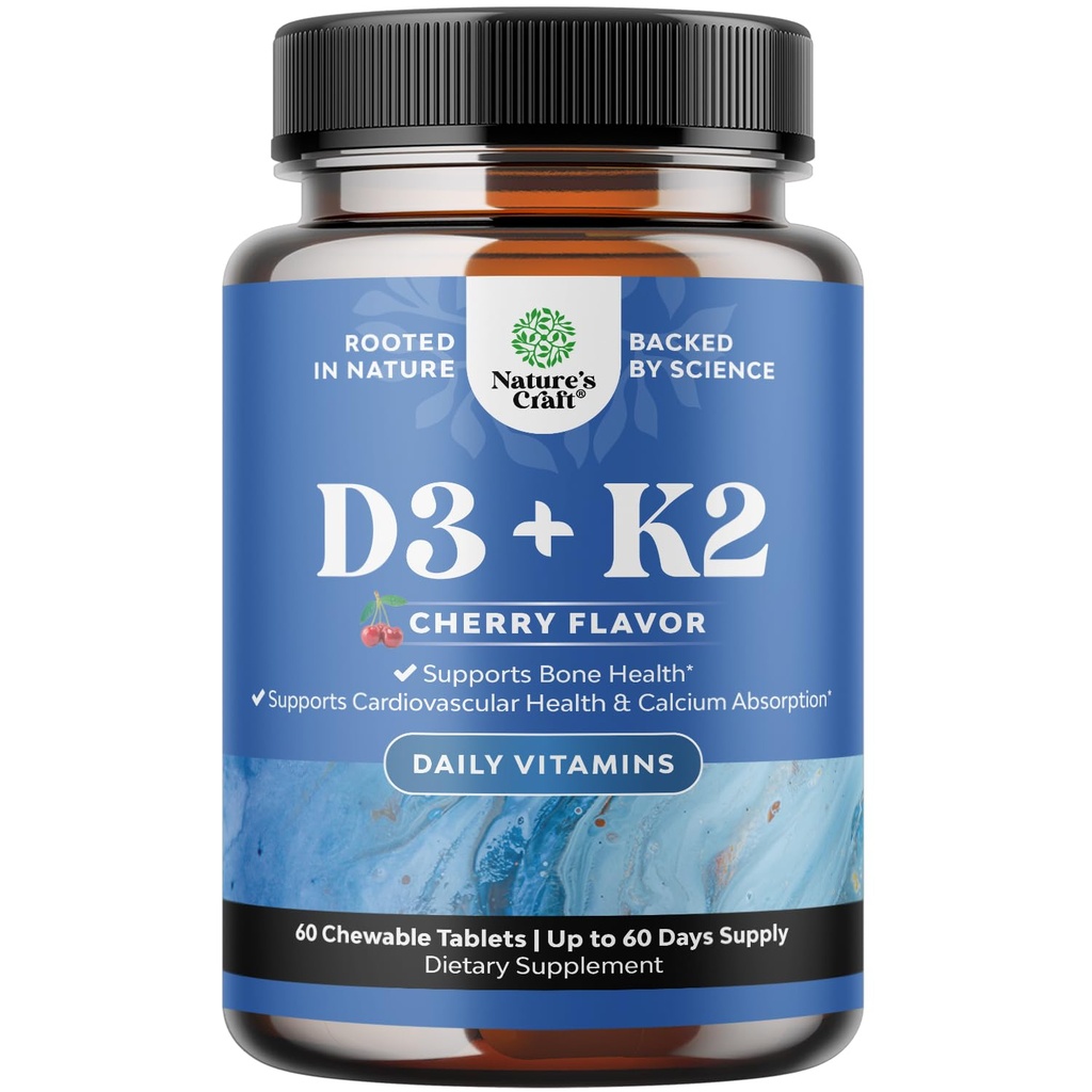 Witamina D3 z dodatkiem K2 MK7 - Witamina D3 2000 j. m. tabletki i K2 dla immunologicznego wsparcia kości zdrowia Heart Joint Support Bone Strength and Mood Boost - System immunologiczny VIT - 60