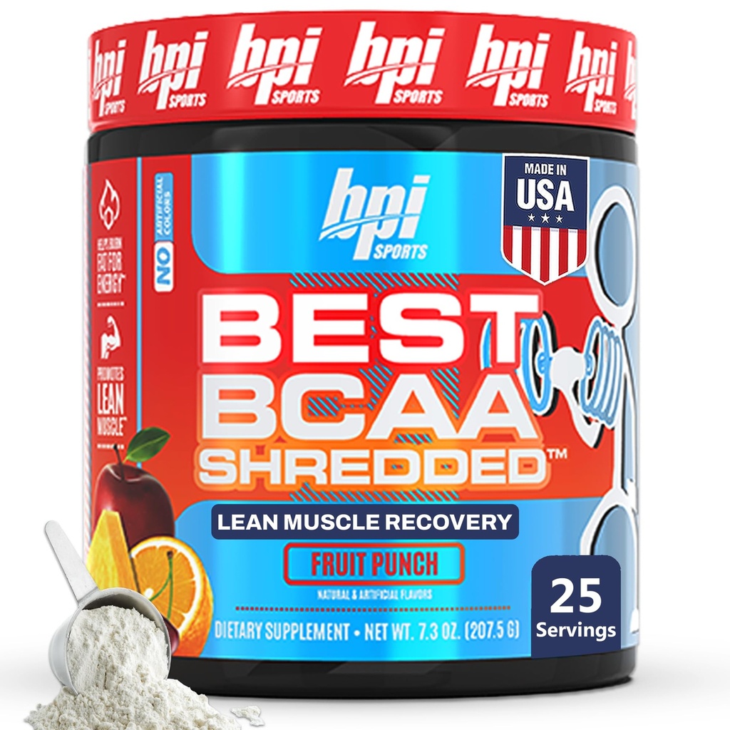 BPI Sports Best BCAA Shredded - Kofeina Free Thermogenic Recovery Drink, Lean Muscle Building BCAA Proszek dla kobiet i mężczyzn, Wstępny trening BCAAs Amino Acids Drink - Fruit Punch - 25 Służenie
