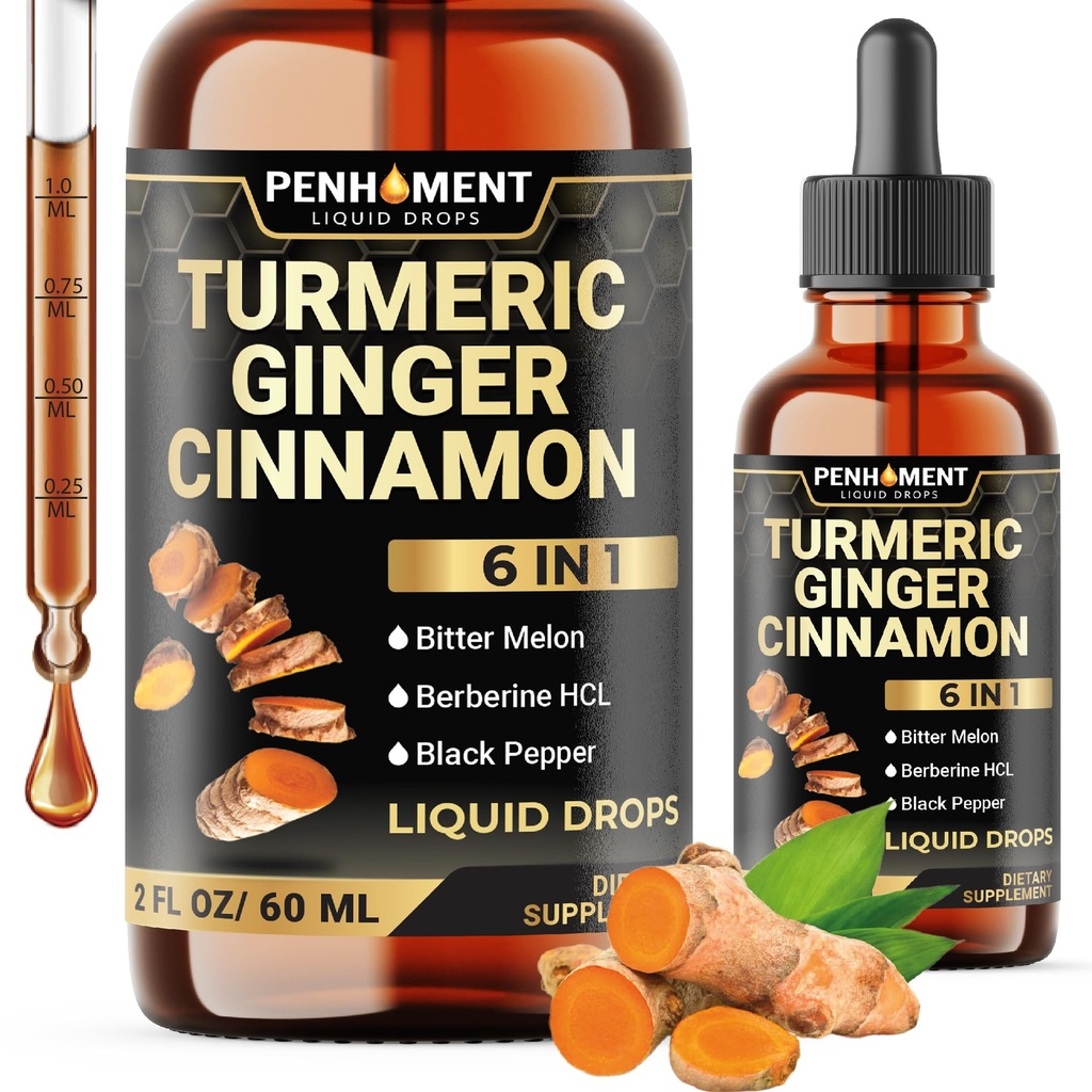 6in1 Ciekła kurkumina z Ginger, Berberine Extract, Ceylon Cynamon, Bitter Melon, Black Pepper - Drops Extract - 2FL oz - 60 Servings