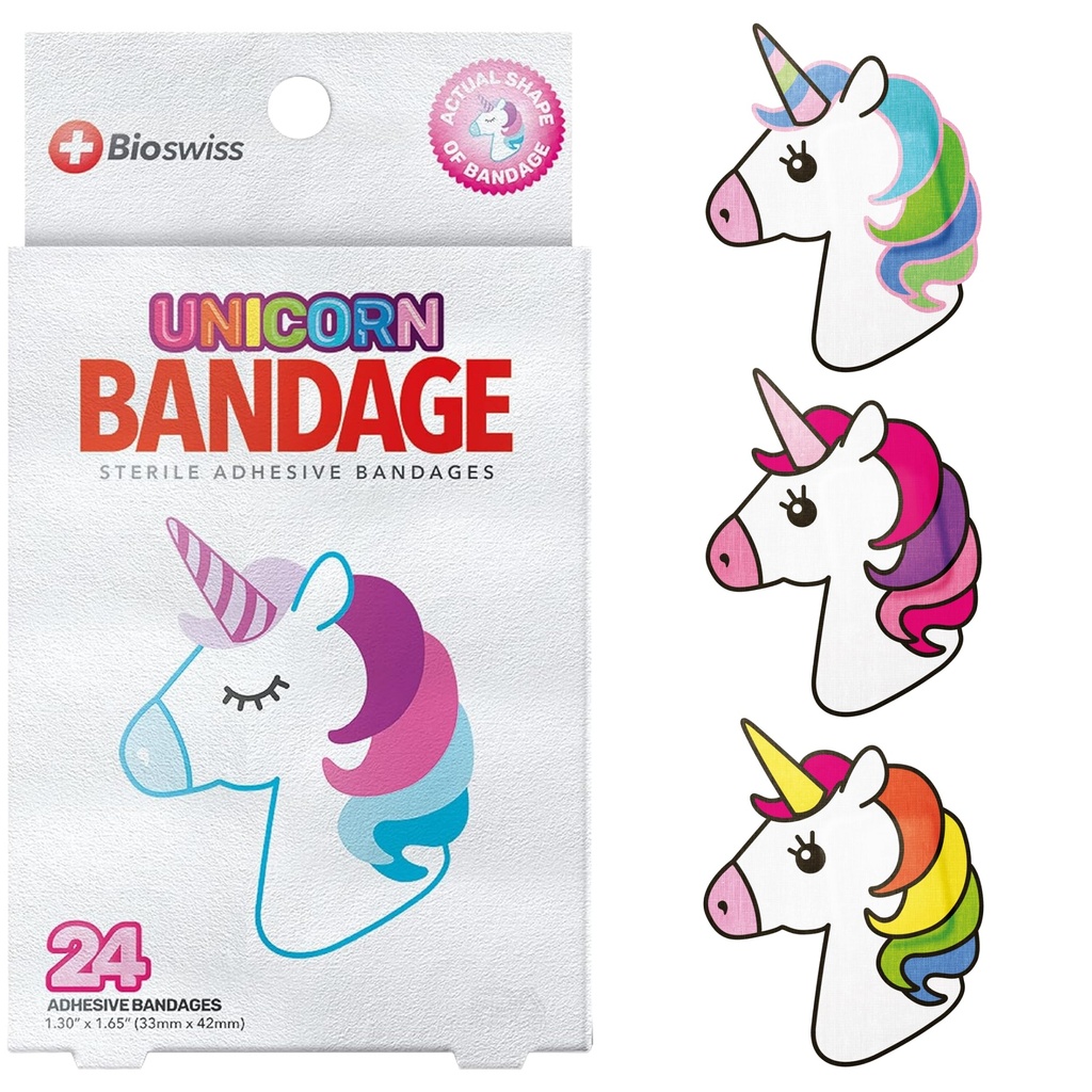 BioSwiss Bandages, Unicorn Shaped Self Adhesive Bandage Set, Latex Free, Sterile Wound Care, 24 Count