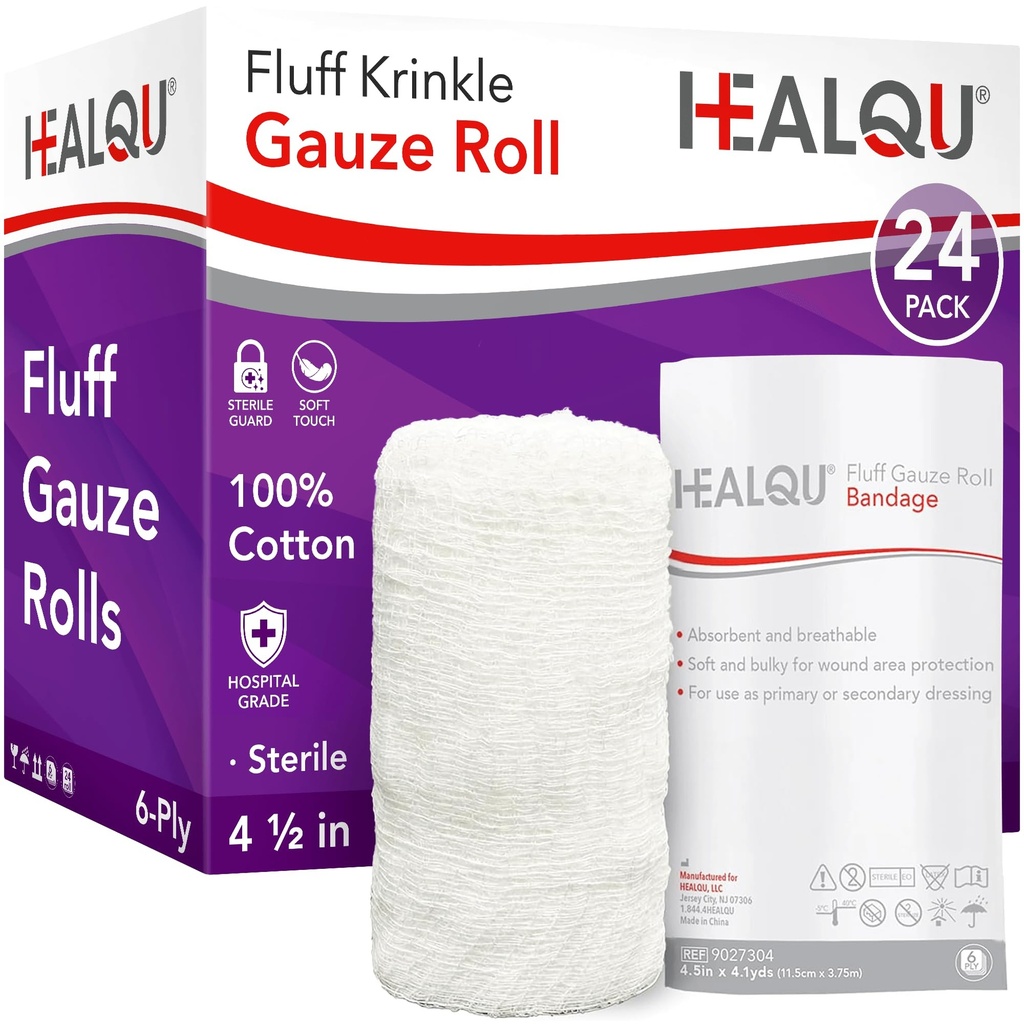 HEALQU Kerlix Type Gauze Bandage Rolls - 4 ½ in x 4.1 Yds, 6 Ply - 24 Single Sterile Pocuhes - Extra Absorbency, Latex Free, Hospital Grade Cotton Krinkle Fluff Bandage Wrap - Wound Care & First Aid