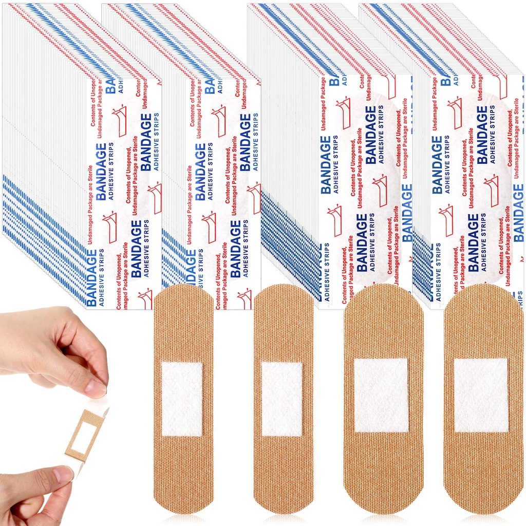 400 Pcs Bandages Bulk Various Sizes Food Service Waterproof Adhesive Bandages Sterile Processing Non Stick Strips Pad for First Aid & Wound Care Protection(2 Styles)