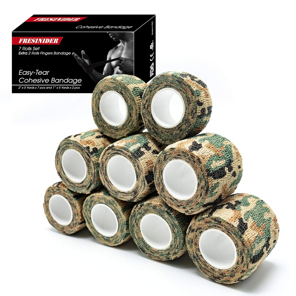 FRESINIDER 9 Rolls Self Adhesive Wrap Athletic Tape Gauze, Breathable Elastic Cohesive Bandage for Sports Injury & Pet (7 Pcs 2" x 5 Yards + 2 Pcs 1" X 5 Yards) (German Woodland Camo)