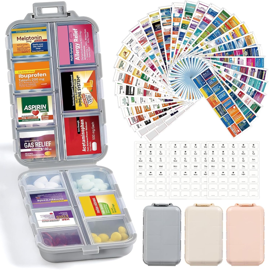 3 Pack 14 Grids Travel Pill Organizer Box z 415- Pcs Medicine Name Labels - Pocket Daily Pharmacy Case Case Kit - Travel Medication Holder Dispenser for Fish Oil Supplement Supplement Storage