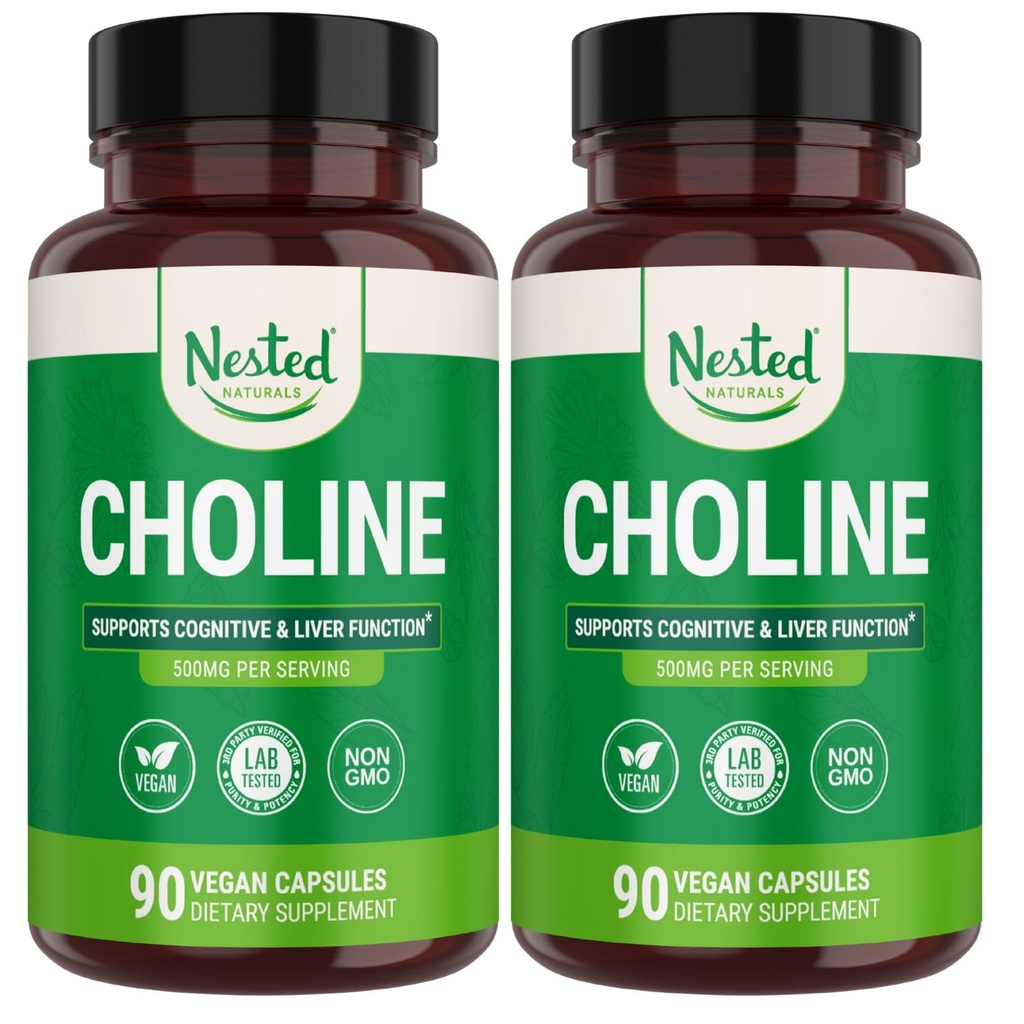 Nested Naturals Choline Bitartrate 500mg - Wysoka potencja suplementy choliny - Wspiera macierzyństwo i zdrowie płodu w czasie ciąży * - 100% Vegan & Non-GMO - 2- Pack (180 Vegan kapsułki)
