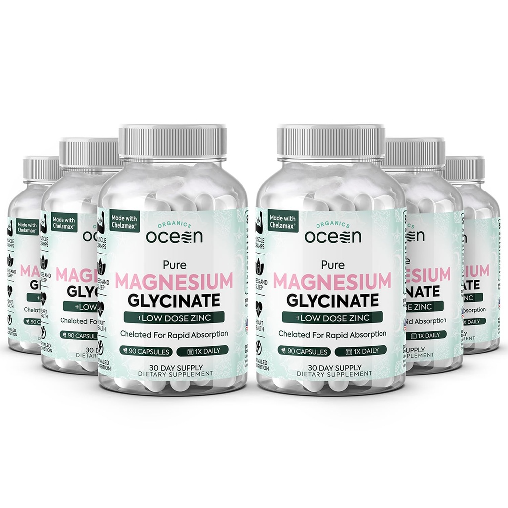Organiczne Ocean Czysty Glicynian magnezu z cynkiem - Maksymalna moc Chelated suplement magnezu dla kobiet i mężczyzn na skurcze mięśni i wsparcie snu - 6 butelek