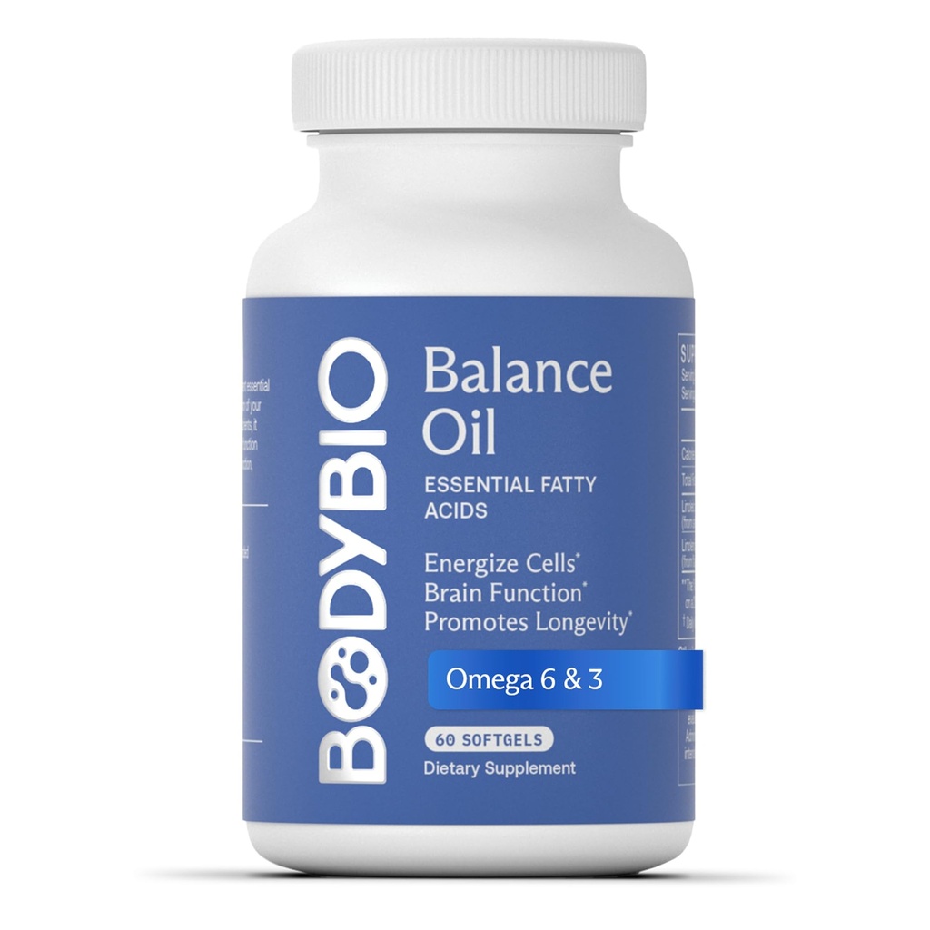 BodyBio Balance Oil - Vegan Omega 3 6 Supplement - Cold- Pressed Safflower & Flaxseed Oil - Wspiera funkcje mózgu, zdrową skórę i nastroje