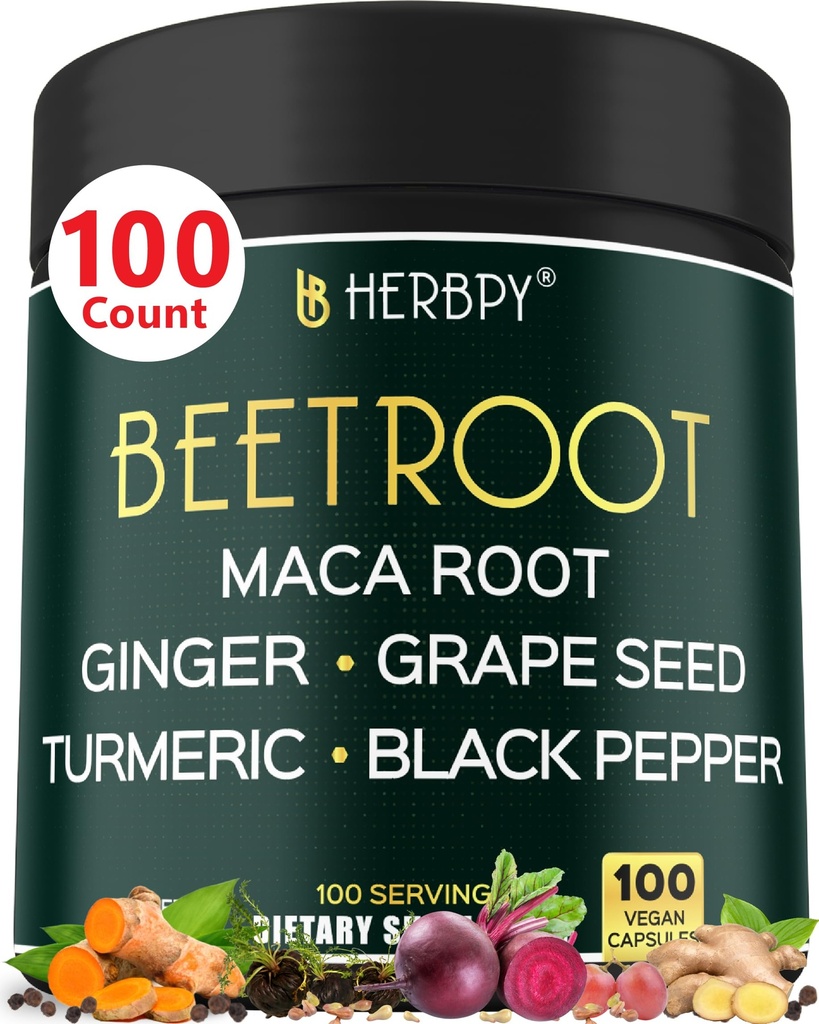 6in1 Suplement buraczany z Maca Root, nasiona winorośli, imbir, kurkuma i czarny pieprz dla zdrowia serca i wsparcia immunologicznego - 100 Kapsułek wegetariańskich