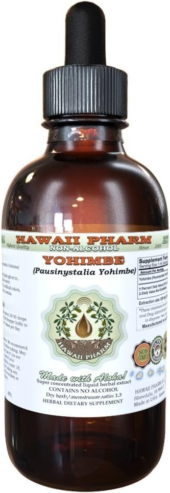 Hawaii Pharm Yohimbe Alcohol Free Liquid Extract, Yohimbe Liquid (Pausinystalia Yohimbe) Suszony Bark Glycerite Natural Herbal Supplement, USA 4 fl.oz