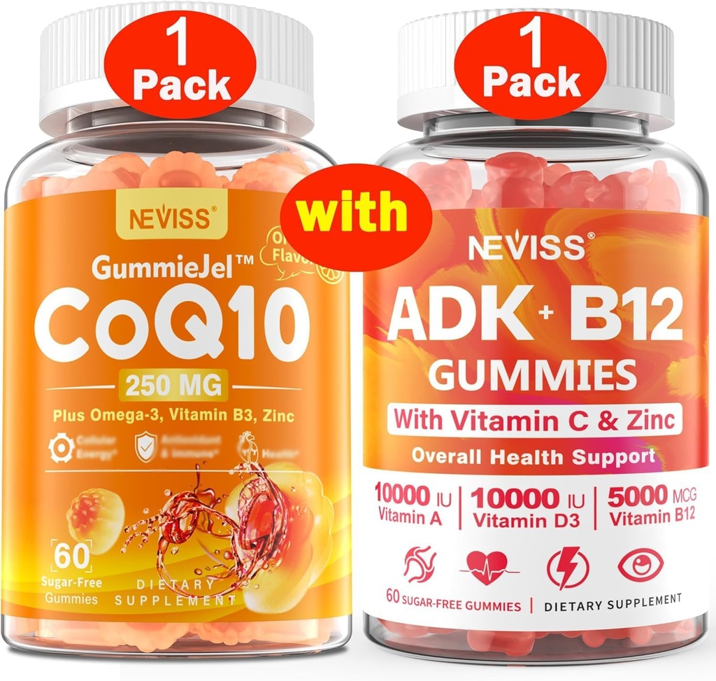 NEVISS 1Pack CoQ10- 250mg Napełnione Gumiaki + 1Pack Witamina ADK z B12 Gumiami