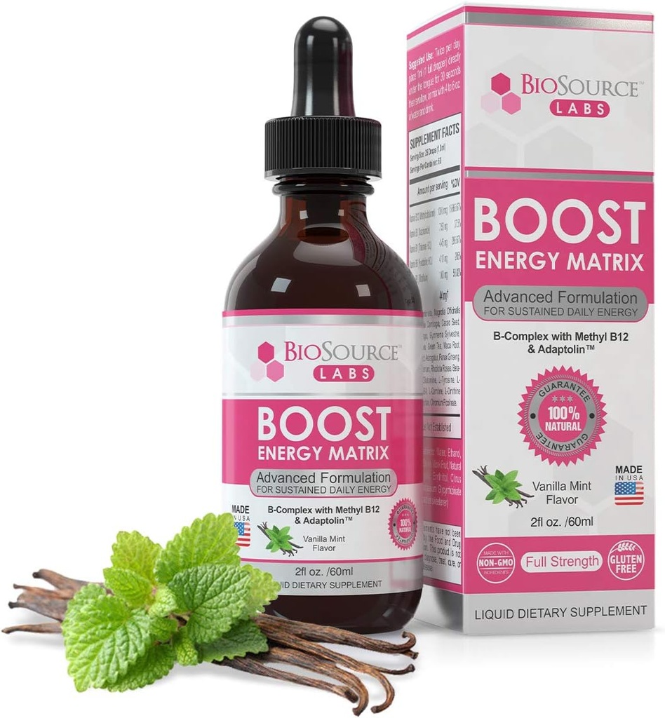 Boost Energy Matrix - Vegan Witamina B- Complex Podjęzykowe krople płynne w / Metyl B12 i Adaptolin (2oz / 60ml butelka)