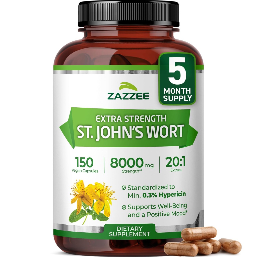 Zazzee Extra Siła St. John 's dziurawiec 20: 1 Ekstrakt, 8000 mg Siła, 0,3% Hypericin, 150 Kapsułki wegańskie, 5 Miesiąc dostaw, Skoncentrowany, Standaryzowany 20X Ekstrakt, 100% Wegetarian, Non-GMO, All- Natural