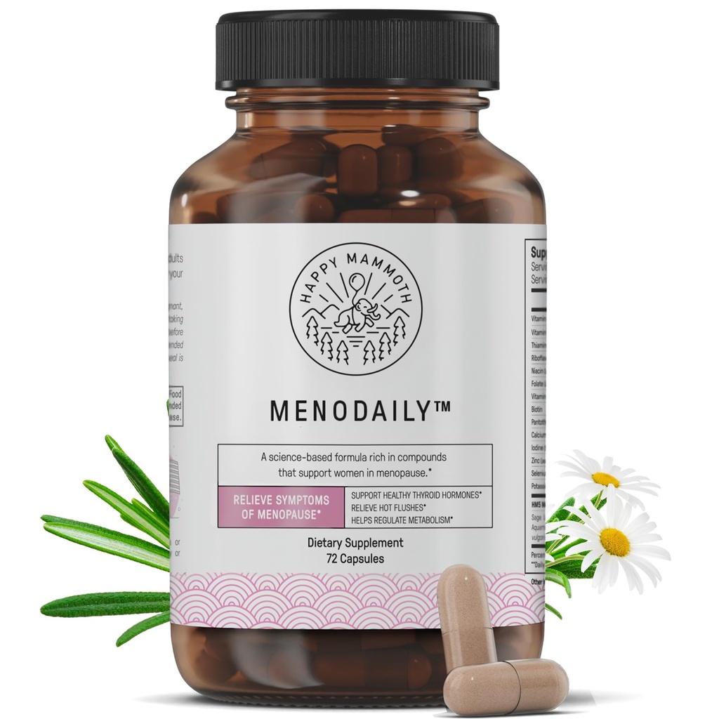 Szczęśliwy Mammoth Meno Daily Menopauza Witaminy & Suplementy dla Kobiet (* Nie Hormon Harmony), Boost Metabolizm, Zdrowa skóra, Włosy i paznokcie, Hot Flash, Mood Support, 72 Czapki