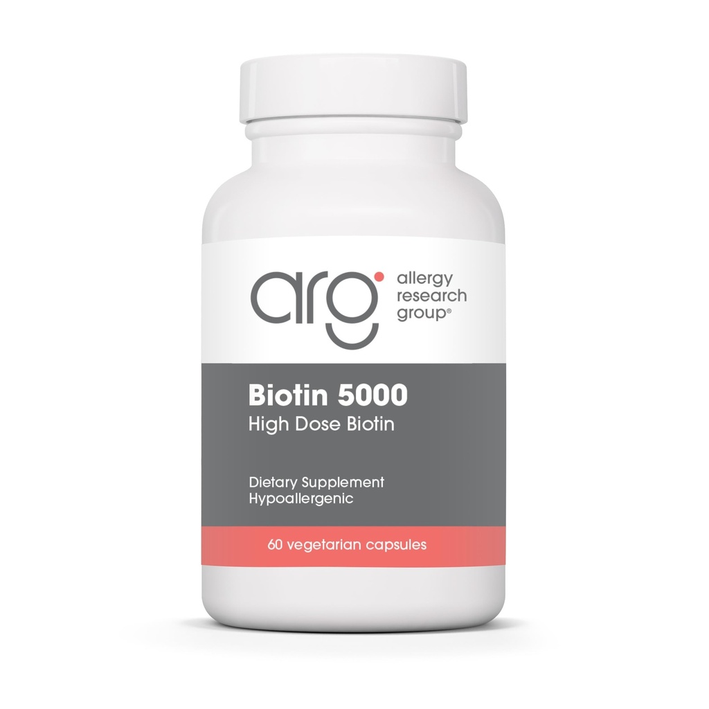 Alergia Research Group Biotin 5000 Suplement - 5000mcg Biotin, Witaminy do włosów, skóry i paznokci, Wysoka dawka, Kapsułki wegetariańskie, Hipoalergiczne, Gluten Free - 60