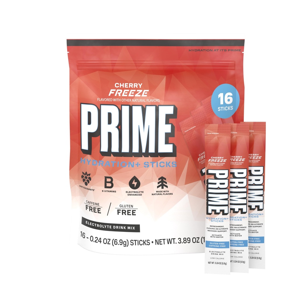 PRIME HYDRATION + Sticks Cherry Freeze 124; Hydration Powder Single Serve Sticks 124; Electrolyte Powder On The Go 124; Niski cukier 124; Kawa wolna 124; Wegan 124; 16 Sticks