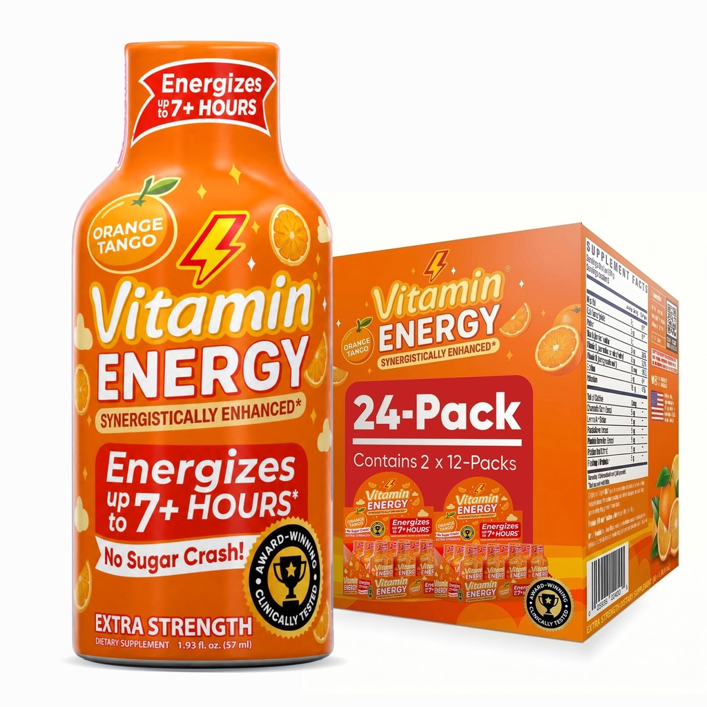 Vitamin Energy Orange Tango Extra Strength Energy Shot, 24 Pack - Up to 7 Hrs, 260mg Natural Caffeine, Zero Sugar - Green Tea Extract, Immune Support, B12 B6 Niacin, 1.93 fl oz, Keto Vegan