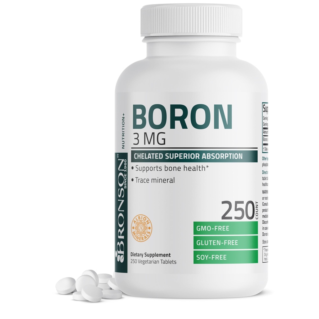 Bronson Boron 3 MG Chelated Superior Absorption Supports Bone Health Trace Mineral, Non-GMO, 250 Vegetarian Tablets