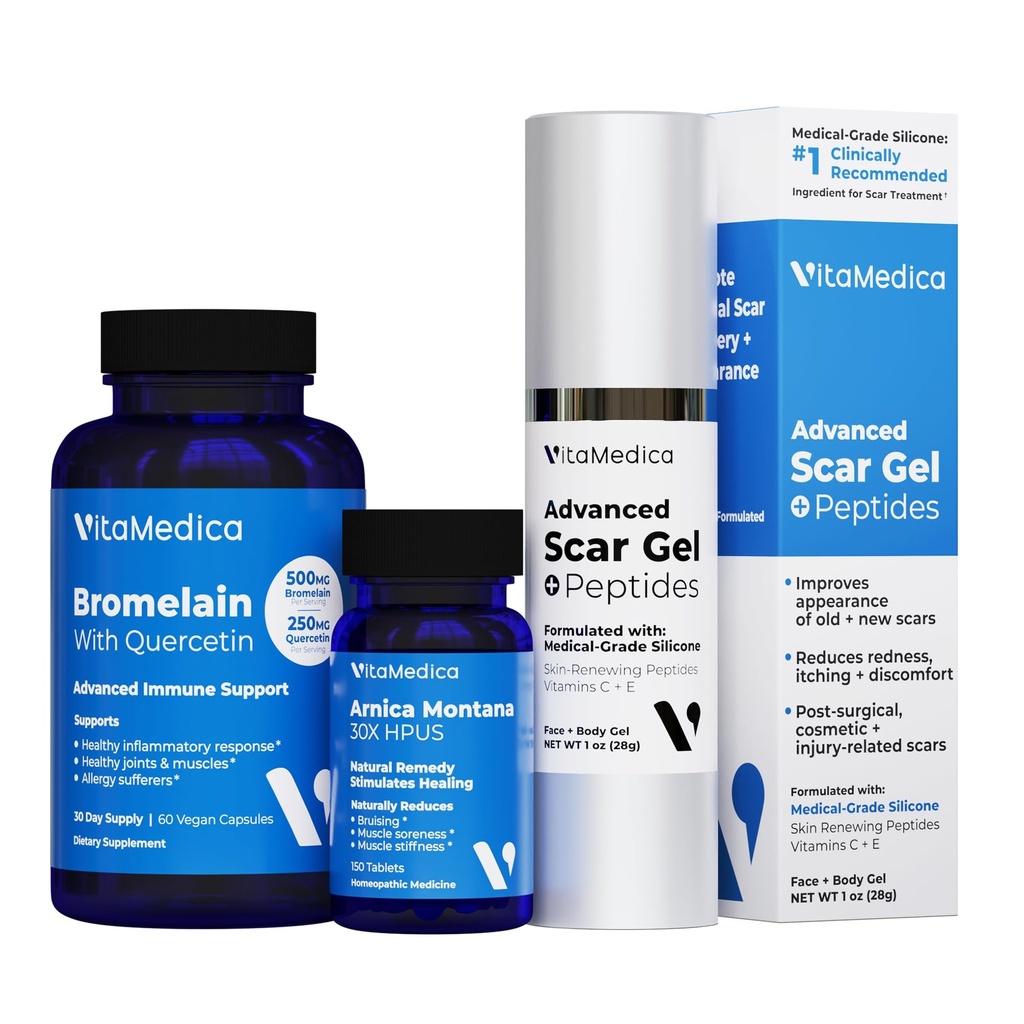 VitaMedica Advanced Skin & Tissue Essentials Bundle - Includes Arnica Montana 30X, Bromelain with Quercetin, and Peptide Silicone Gel - Professional 3-Piece Wellness Kit