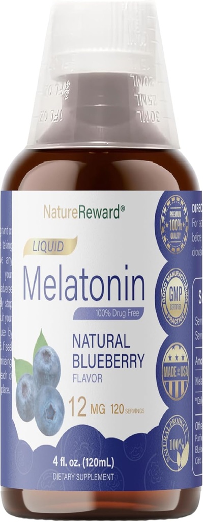 Melatonina 12mg 124; 4 fl oz Liquid 124; 120 Służenia 124; Blueberry Flavor 124; dla dorosłych 124; Non-GMO, Suplement wegetariański