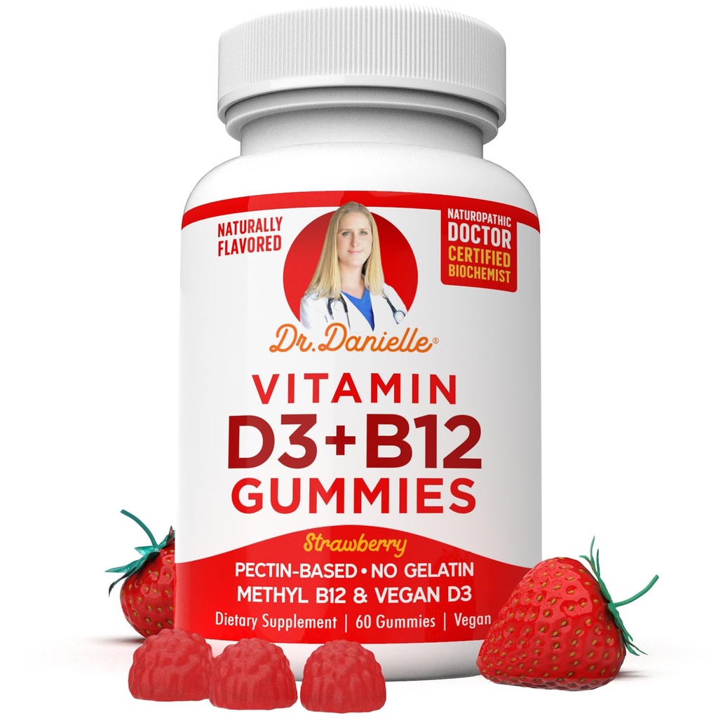 Witamina D3, B12 Gummies autorstwa dr Danielle, Vegan Daily Supplement dla dorosłych i dzieci, Non-GMO, Witamina D3 1000 j. m. & 250 µg Witamina B12, 2 Miesiące Dostawy (60 Gummies)