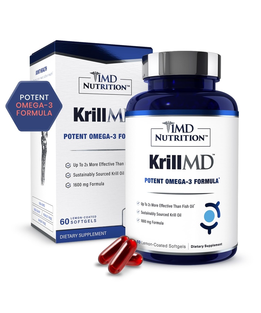 1MD Nutrition KrillMD - olej kryla antarktycznego Omega 3 Suplement z Astaksantyny, EPA, DHA Equipment 124; 2X Bardziej skuteczne niż olej rybny 124; 60 Softgels