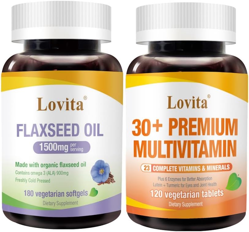 Lovita Cold- Presset Flaxseed Oil & Premium Multivitamina dla dorosłych 30 + Składniki odżywcze Bundle (wegetarianin)