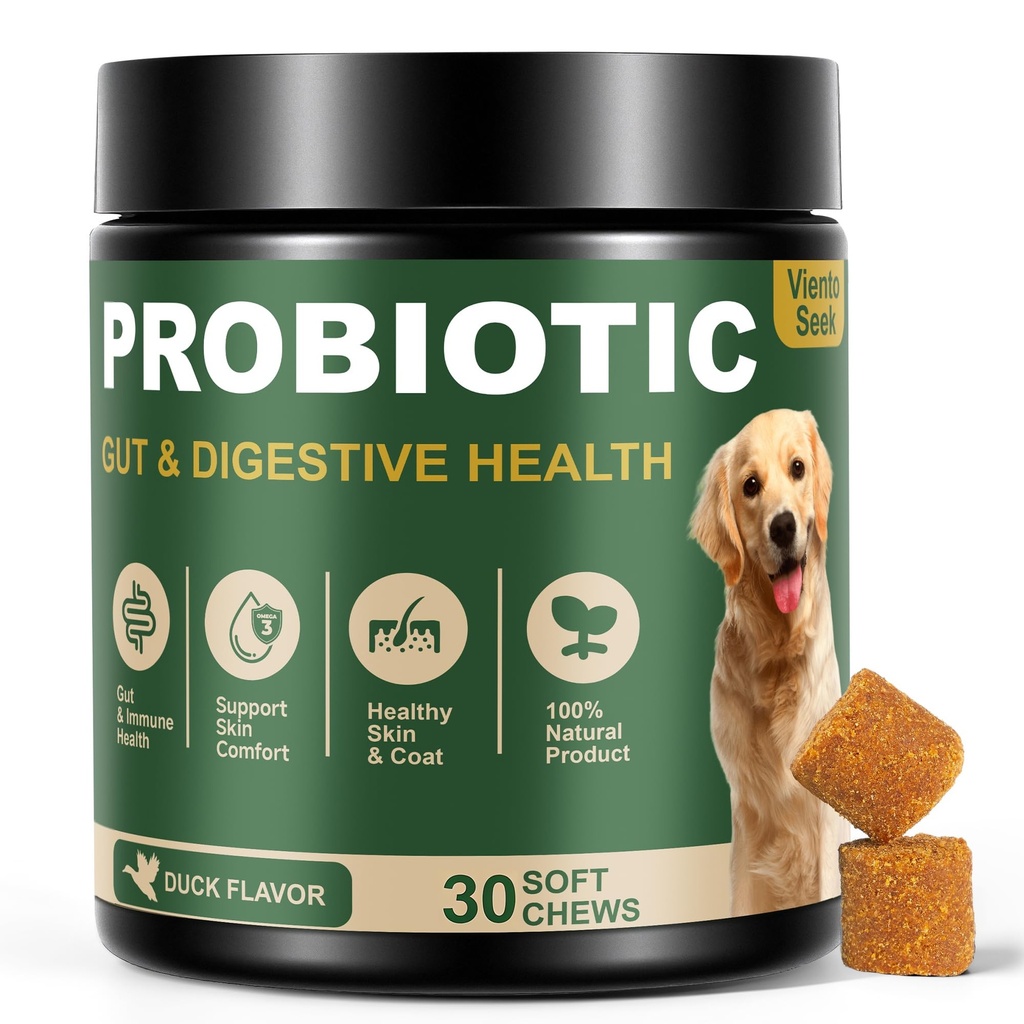 Probiotics for Dogs - Dog Probiotics for Yeast, Itchy Skin and Itchy Ears, Digestive Health, Diarrhea Relief, Gut & Immune Support - with 7 Enzymes, 3 Prebiotics & Omega-3 (Duck 30ct)