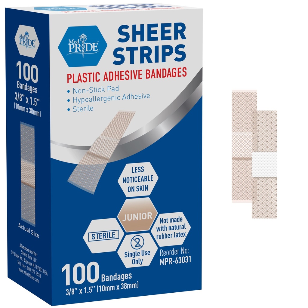 MED PRIDE Junior Strip Bandages,Hypoallergenic,Latex-Free,3/8x1.5 in,100-Ct