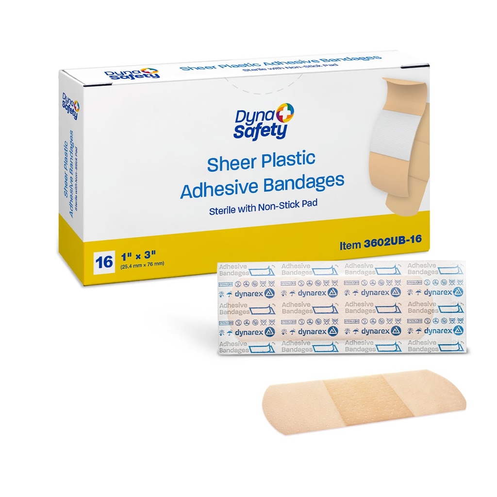Dynarex Sheer Plastic Adhesive Bandages Water-Resistant and Sterile Non-Stick Pad First Aid Covers Minor Cuts Scratches - 1" x 3", 1 Box of 16