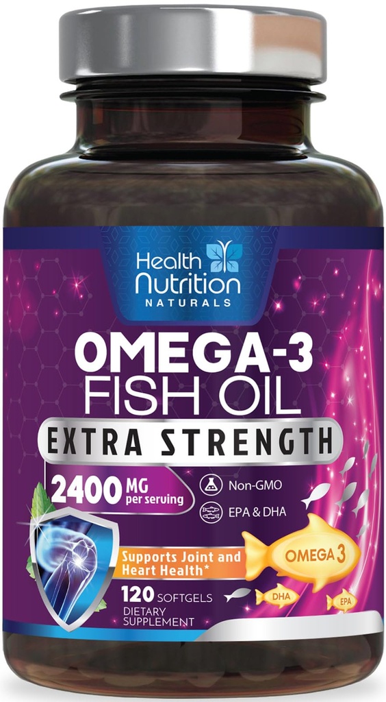 Omega 3 Fish Oil 2400 mg - Triple Strength Omega3, EPA & DHA Acids Supplement - Natural Support for Immune, Heart & Brain Health - Wild Caught, Non-GMO, Lemon Flavor, Burless - 120 Softgels
